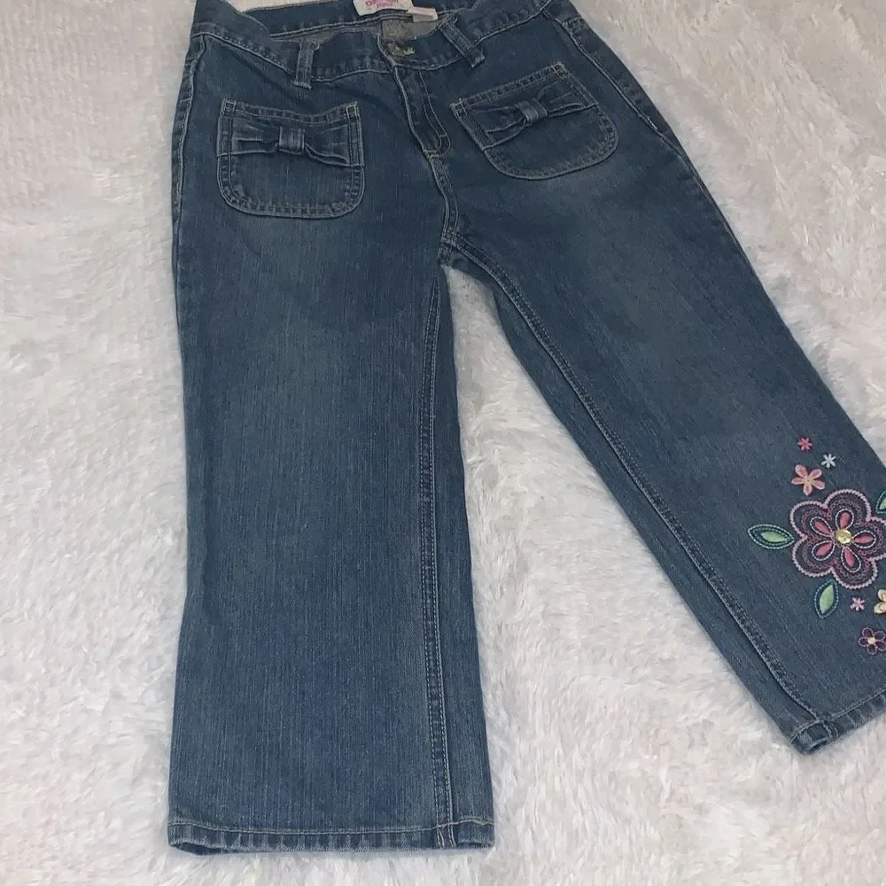 Vintage OSHKOSH Floral Embroidered Denim Jeans Girl12 Blue‎ Cropped